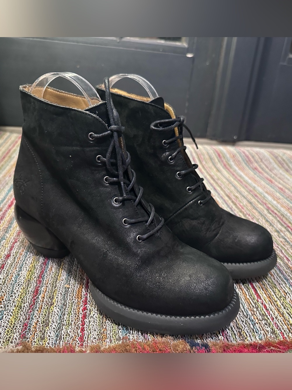 Fluevog LIKE NEW Go Groovy Hornik black matte nubuck lace-up bubble heel boot- 6
